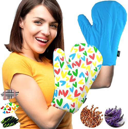 Set 2 Fäustlinge: Arthrose Handschuhe für Mikrowelle - (Eine Größe) - Handwärmer Körnerkissen für Karpaltunnelsyndrom, Rheuma und Arthritis - 100% Baumwolle und Lavendelduft (Herzen)