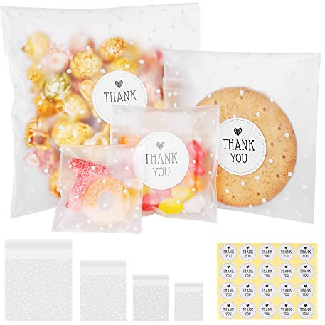 Cellophantüten Selbstklebend Plastiktüten, 300 Stück OPP Tdurchsichtig Gefrostet Süßigkeiten Tüten,4 Größen Keksbeutel Tüten mit Polka Dot Muster für Mitgebsel Schokolade Kekse + 300 Aufkleber
