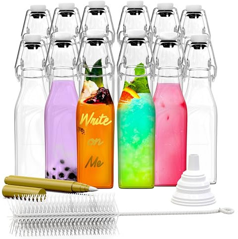 Nevlers 8.5 Oz Square Clear Swing Top Glass Bottles with Stoppers 12 Pack