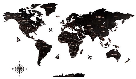 Creawoo Mappa del Mondo in Legno da Parete Decorazione, Nero Mappamondo in Legno Parete Puzzle Arte per Soggiorno, Ufficio, Camera Decorazione -100x57 CM