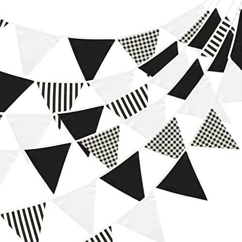 jijAcraft Guirlande de Fanions en Tissu, 12M Bannière Triangle Guirlande Tissu Rayé, 48 Côtés Noir Triangle Bunting pour Fête d'anniversaire Les Goûter l'après-midi Activités de Plein Air