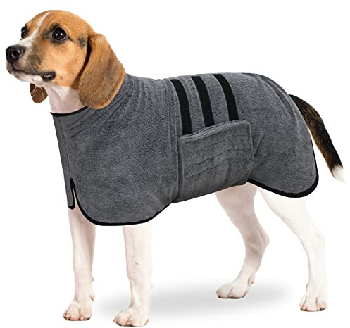BASVII Peignoir en Microfibre, Serviette Extra Absorbant et Séchage Rapide avec Velcro et Bande Rétractable Réglable, pour Grands Moyens et Petits Chiens (Gris, M)