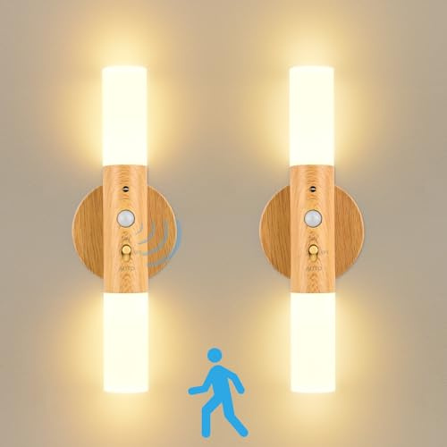GuKKK 2 st Trävägglampa, inomhusvägglampa med rörelsesensor, magnetiska vägglampor med strömbrytare, 360° roterande inomhusbelysning med USB-laddning, för vardagsrum (trä)