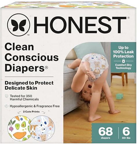 The Honest Company Comfort Dry Disposable Daytime Diapers for Sensitive Skin, Hypoallergenic, Fragrance-Free, So Delish + It's a Pawty, Super Club Box, Size 6 (35 lbs), 68 Count