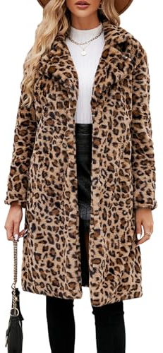 Abrigo de piel sintética de leopardo para mujer, manga larga con solapa, forro polar, chaqueta mullida de piel sintética, caqui, S