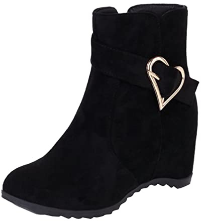 Stivaletti casual da donna, in pelle, tinta unita, con fibbia per cintura, rialzo interno, zeppa, chiusura lampo laterale, suola antiscivolo per esterni, Nero , 42 EU