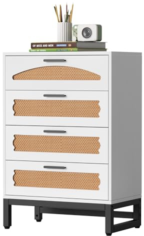 Mericonia Natürliche Rattan-Kommode mit 4 Schubladen, Schlafzimmer Aufbewahrungs-Organisationskommode mit stabilen Griffen und Füßen für Schlafzimmer, Wohnzimmer, Flur und Eingangsbereich, Weiß