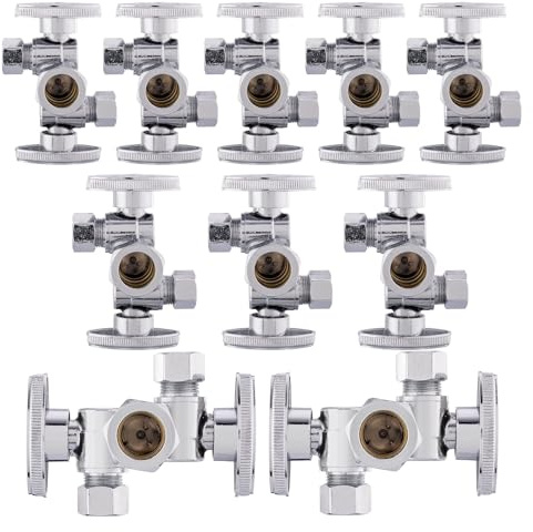 (Pack of 10) Seelink 1/4-Turn Dual Compression Outlet Angle Stop Valve, with 2 Shut Off Valve/Handles, 1/2 NOM (5/8 OD) x (3/8 inch x 3/8 inch) OD, Chrome Plated Brass