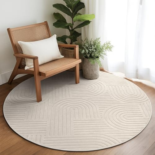 Enyhom Rund Teppich Wohnzimmer 160cm, Flauschiger Kurzflor Teppich Waschbarer Moderner Teppiche 3D Effekt rutschfest Teppiche für Esszimmer Küchen Schlafzimmer, Beige
