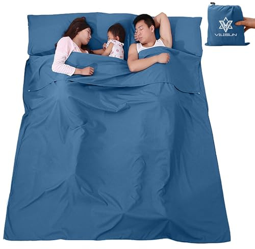 V VILISUN Sacco a pelo per cabina, estivo, da viaggio, sottile, leggero e compatto, ideale per ostelli, campeggio, attività all'aperto, 2 Persone, Blu vivace, S (210*90cm), Unisex adulto
