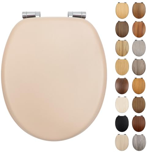 Fanmitrk Standard Wooden Toilet Seat Soft Close, MDF Adjustable Hinges with Bottom Fixture,Easy to Clean and Install for Bathroom 43.3 x 37 x 5.5 cm
