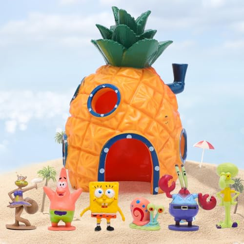 Kayuneed Decoración de acuario, 7 piezas de adornos de resina para pecera, paisaje de piña, casa de peces betta, cuevas acuáticas, accesorios de adorno para pecera de agua dulce y salada