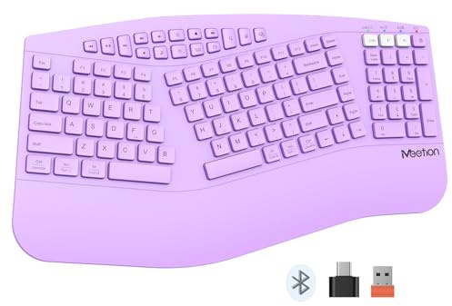 MEETION Ergonomic Keyboard Wireless, Multi-Device Bluetooth Keyboard, Wrist Rest for Natural Typing, Full-Sized Rechargeable Split Computer Keyboards, for Windows/Mac/PC/Laptop/Ta