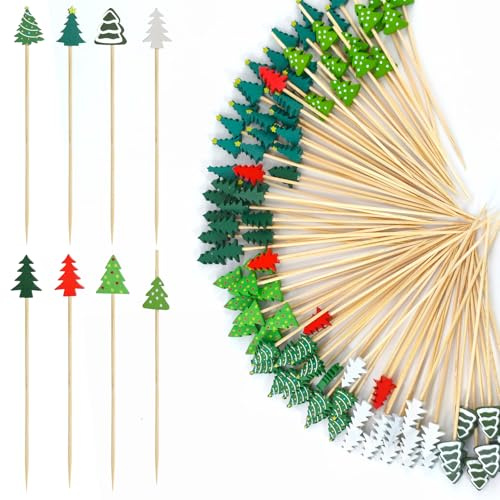 Yuaerbuo 100 Pcs Christmas Tree Cocktail Sticks, 8 Styles Xmas Wooden Skewers Cocktail Skewers, Christmas Food Sticks for Appetizers, Fruits, and Drinks Party Decoration Supplies(100 Pcs)