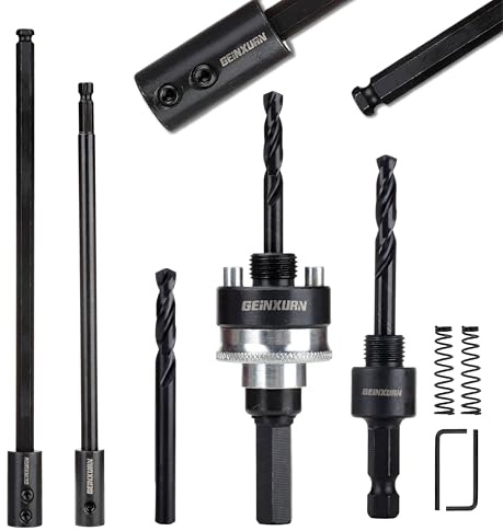 Mandrin de Perçage pour Scies Cloches avec 2 Adaptateurs Tige Hexagonale (7/16, 3/8) avec Foret de Centrage HSS, 3 Forets de Centrage 1/4 (HSS M2), 2 Rallonges, 2 Clés à Embout, 2 Ressorts