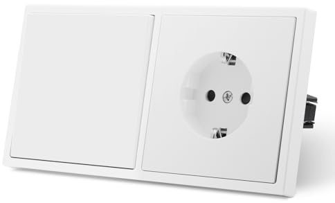 MVAVA Lichtschalter Unterputz, Standard Lichtschalter mit Schuko Steckdose 1 Fach 1 Weg, Kunststoffe Wandschalter 80mm x 150mm, Weiß, M2-Serie