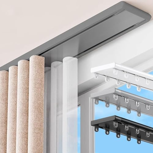 Aluminium Rail De Rideau Rail Rideaux Plafond Double Tringle A Rideaux avec Rouleaux Muets Ensemble De Rails De Plafond Idéal pour Chambres Et Salons(Gris,1.2m)