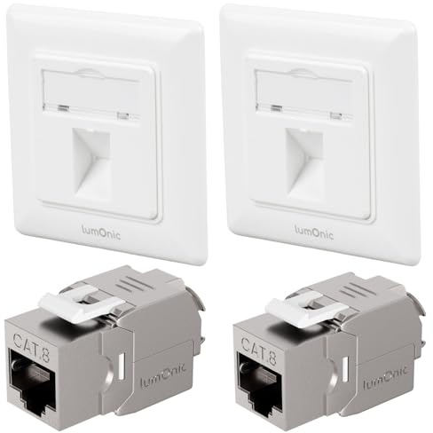 Lumonic Uppsättning av 2 Keystone infälld ram inkl. CAT8-modul | 1-port snap-in I Verktygslös Keystone-montering | Standard 55-system | Ethernet upp till 40 Gbit/s AWG22-24 | RJ45 helt skärmad |