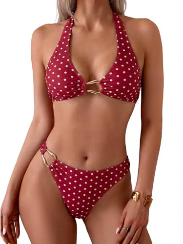 Fanuerg Women's Halter V Neck Bikini Sets Ring Linked Two Piece Swimsuit Cheeky Swim Bathing Suit 2026 Wine Red Polka Dots Print XS