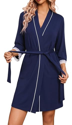 Ocextami Robe de Chambre Femme Coton Manches 3/4 avec Dentelle Peignoir Court Col en V avec Ceinture et Poches Vêtements de Nuit Confortable et Élégant