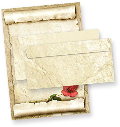 TATMOTIVE ROTE ROSE Briefpapier Set für Liebesbriefe (25 Sets) A4 Papier beidseitig + Umschläge Liebe