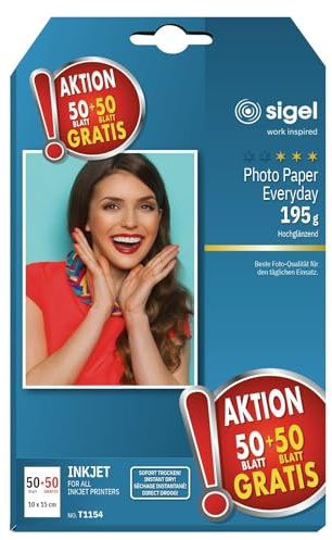 Sigel T1154 vardagsfotopapper, bläckjet, glansig, 195 gsm, 10 x 15 cm, 50 + 50 ark gratis
