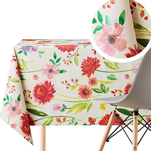 KP HOME Toile Cirée Rectangulaire 250x140cm, Beige Coloré, Nappe Plastique en PVC Essuyable, Imperméable en Vinyle Jardin Nappe Toile Ciree, Facile à Nettoyer, avec Motif Floral Champêtre Pastel