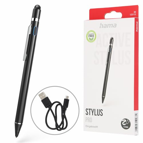 Hama Stift für Tablet (Eingabestift, aktiv, ultrafein, für Android/iOs, Handy Stift, Tablet Stift, aufladbar, für kapazitiven Touch Display, iPad kompatibler Stift, Touchpen, Pen, mit Clip) schwarz