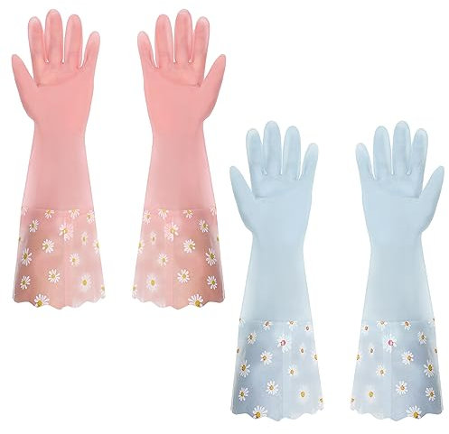 Sibba 2 Paar Wasserdichte Handschuhe Zum Geschirrspülen Wäschewaschen Lange Bündchen Und Beflocktes Futter Rutschfeste Gummi Küchenhandschuhe Wiederverwendbare Garten Und Haushaltshandschuhe