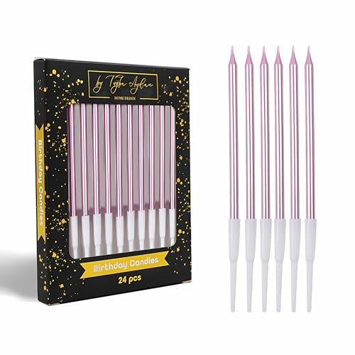 by Tugba Aydan - 24 Count (Rose Gold) lange, dünne Geburtstagskerzen, metallische Kuchenkerze für Geburtstag, Partykerzen