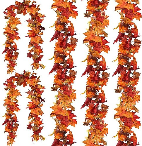 CQURE 5 Pack Artificial Autumn Fall Maple Leaf Garland, 5.9Ft/Piece Hanging Vine Artificial Autumn Foliage Garland Thanksgiving Decor for Home Wedding Fireplace Party Christmas