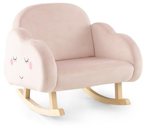 DREAMADE Kindersessel, Kindersofa aus Veloursstoff mit Rückenlehne, massiven Holzfüßen & Kippsicherung, Schaukelstuhl Kinder für Spielzimmer, Kinderzimmer & Wohnzimmer (Rosa Wolken)