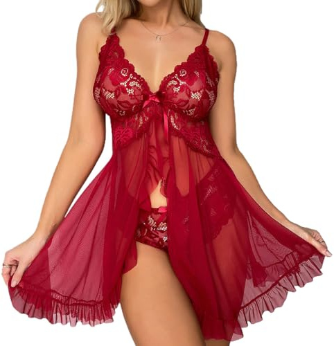 Cozyan Lingerie Sexy Femme Body et Combinaison Dos Nu en Dentelle Décolleté en V Sexy Teddy Lingerie en Dentelle Babydoll avec String Col V Nuisette