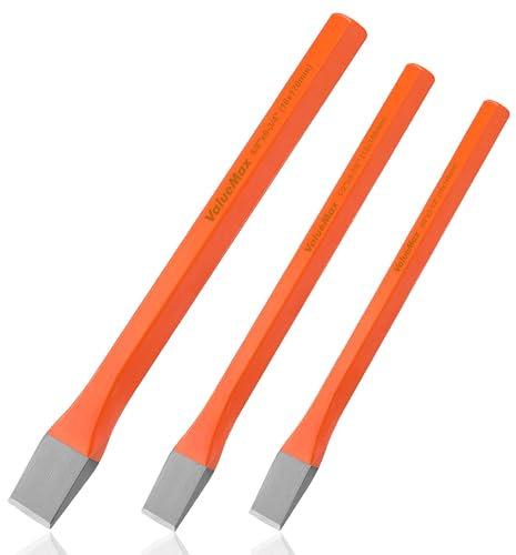 Valuemax 3-Piezas Juego de Cinceles de Albañil, Cortafrío Plano de Acero Cr-V, Cincel Frío (10 mm, 12 mm, 16 mm), para Roca/Piedra/Albañilería/Cemento/Mortero/Construcción