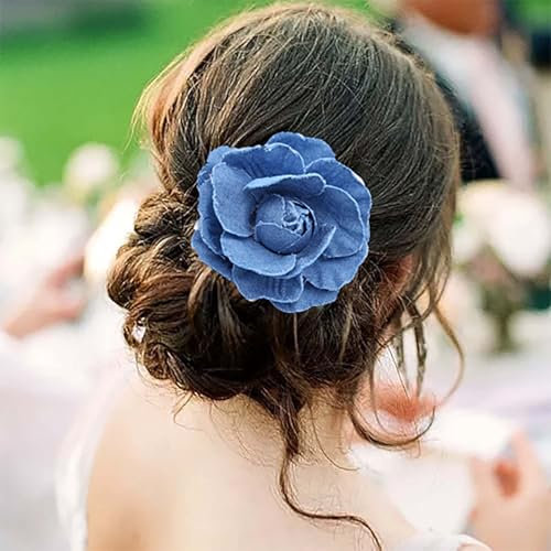 Inateannal Kamelie Blume Haarspange Brosche Stoff Blau Blume Pin Denim Kamelie Brosche Pins Große Blume Haarspange Pin Strickjacke Clip Haarnadel Brosche Braut Haarschmuck Schmuck Für Frauen