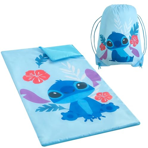 Disney Stitch Ensemble de Couchage 2 pièces avec Sac à bandoulière et Sac de Couchage avec Fermeture éclair Tout Autour, 137,2 x 76,2 cm