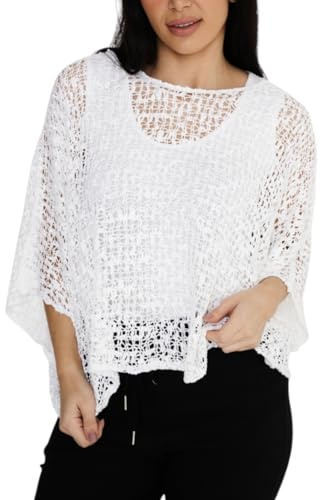Alam Exclusive Women's Popcorn Top Crochet Oversized Knit Ladies Plain Batwing Boho Cover Up Summer Fish Net (UK, Numeric, 8, 18, Regular, Regular, White)