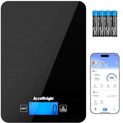 ACCUWEIGHT Küchenwaage Bluetooth mit Nährwertrechner (mit 4 Batterien) Digitale Lebensmittelwaage bis zu 5 kg/11 lb mit großer LCD Anzeige Waage mit Kalorienzähler zum Kochen oder Abnehmen CK780