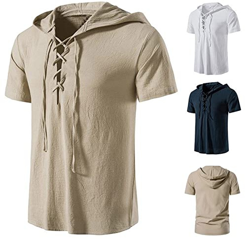 VPQILH Uomo Maglietta con Cappuccio Vendita, Medievale Camicia in Lino di Cotone Uomo con Lacci Maglie Maniche Corte Camicie Estive Felpa Leggera Hip Hop Running Boxing Hiking Sport Hoodys T-Shirt