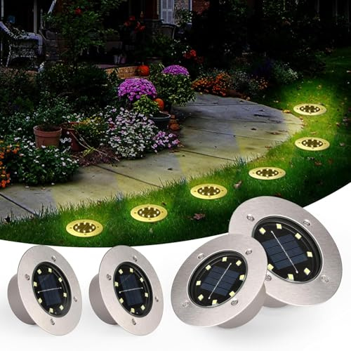 TOSHIN Lumière Solaire Extérieur, 4 Pièces Lampe Solaire Au Sol Jardin, 8 LED Etanche IP65 Spot Solaire Extérieur Encastrables Éclairage pour Chemins Pelouse Terrasse Cour Piscine, Blanc Chaud