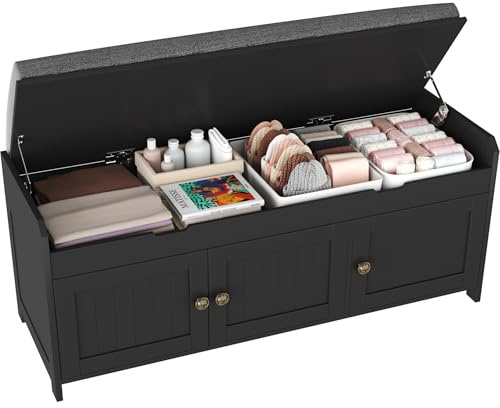 HOME BI Shoe Bench, Storage Bench with Padded Seat Cushion, Bench with 3-Door Storage Cabinets,Shoe Cabinet for for Entry, Bedroom, Cloakroom, Living Room and Hallway,Black
