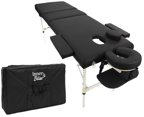 Inner Bliss Portable Massage Table 3 Section Folding Spa Bed with Adjustable Backrest Aluminium Frame and Face Cradle | Lightweight Therapy Couch for Salon Tattoo Physio | With Carry Bag | Black