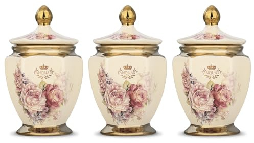 fanquare Juego de 3 Botes de Cerámica Dorada para Conservar Té, Café y Azúcar, Tarros Retro con Motivos Florales y Tapas, Latas Herméticos para Alimentos para el Hogar, la Cocina y Regalos.