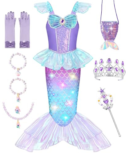 Meland Mermaid Costume for Girls - Light Up Halloween Costume for Kids Toddler 3-10, Princess Dress Up for Girl Birthday Gift, Mermaid Dress for Girls Aged 3-10 Years Old (3-4 Years)