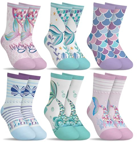 hometrixx 6 Paare Socken Kinder Mädchen Bunte Meerjungfrauenflosse Fischschuppen Grün Lila Rosa Baumwolle Socken kinder 32-36