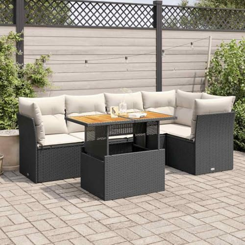 kithwjll Ensemble de canapé de jardin 6 pièces en rotin synthétique noir, avec coussins, table et groupe de sièges, sac imperméable pour meubles de terrasse, pour se détendre en plein air