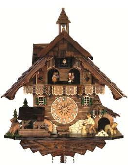 Engstler Quartz Cuckoo Clock Black Forest House with Moving Wood Chopper and Mill Wheel, with Music EN 483 QMT