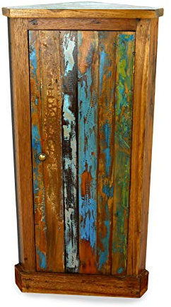 livasia Asiatischer Eckschrank aus Massivholz – 50x30x100cm – Handgefertigter Schrank aus Java, bunt recyceltes Teakholz von Fischerbooten, Robust & Nachhaltig