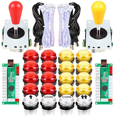 EG STARTS 2 Spieler LED Arcade DIY Teile 2X USB Encoder + 2X Ellipse Oval Style Joystick + 20x LED Arcade Tasten für PC MAME Raspberry Pi Windows System (Rote & Gelb kit)