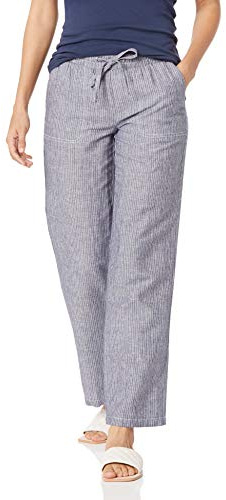 Amazon Essentials Pantalones de Pernera Ancha, Corte Holgado y Cordón en Mezcla de Lino (Disponible en Tallas Grandes) Mujer, Gris Rayas Verticales, XL